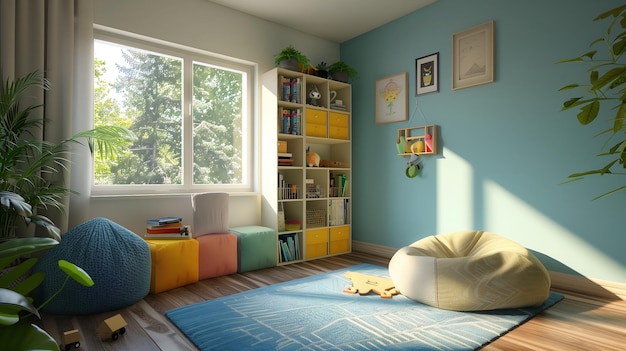 a room with a blue wall and a yellow bookcase with a picture of a tree on it