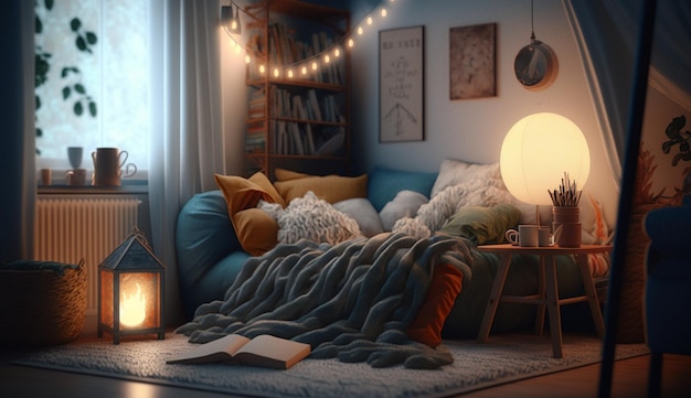 A room with a book on the floor and a lamp that says'i love you '