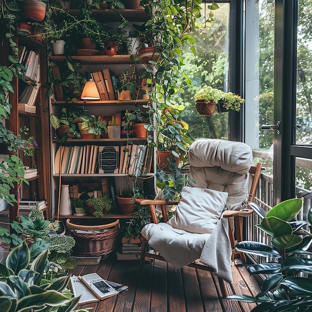 Photo a room with a book shelf a chair a bookcase and a bookcase with a bookcase in the background