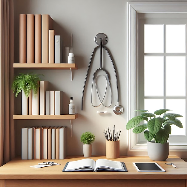 a room with a book shelf a plant and a window