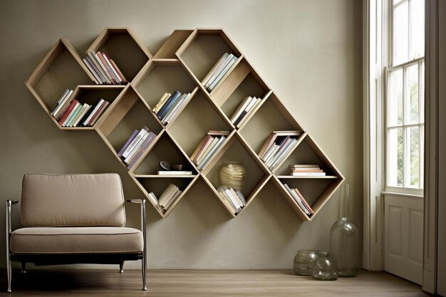 Photo a room with a book shelf with books on it and a chair in the corner