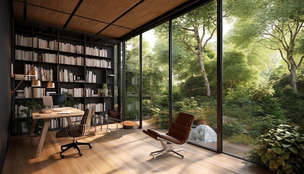 A room with a bookcase and a desk with a bookcase.