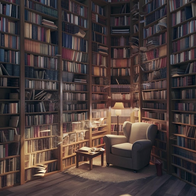 a room with a bookcase full of books with a lamp on the top