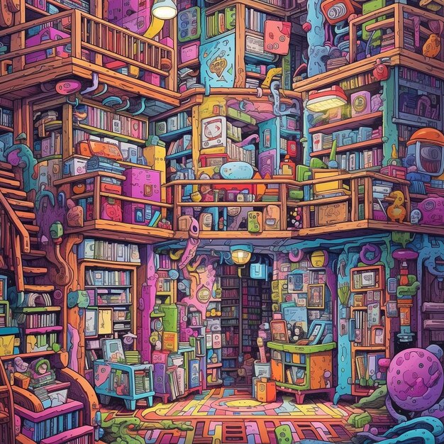 Photo a room with a bookcase with a lot of books on it a colorful abstract art illustrating a bookstore