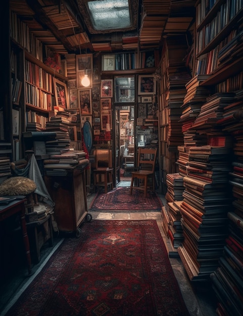 A room with books on the floor and a red rug with the word library on it.