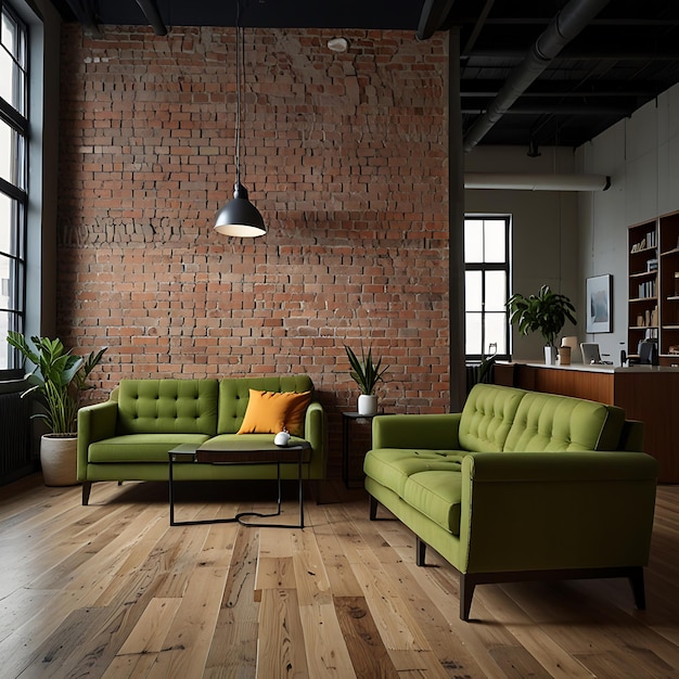 Photo a room with a brick wall and green couches and a brick wall