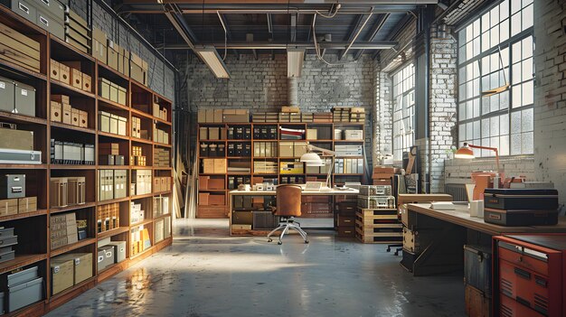 a room with a brick wall and a large window that says  the word  on it