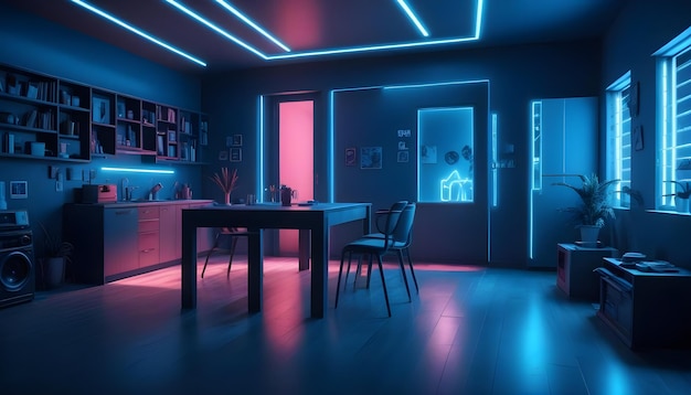 a room with a bright neon sign that says  the word  on the wall