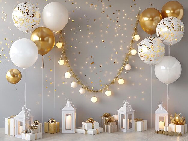 Photo a room with a bunch of balloons and a box with a box with a box of gold stars and a box with a white box with a white box with a white box with gold stars