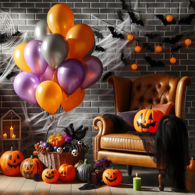 Photo a room with a bunch of balloons and a chair with a pumpkin on it