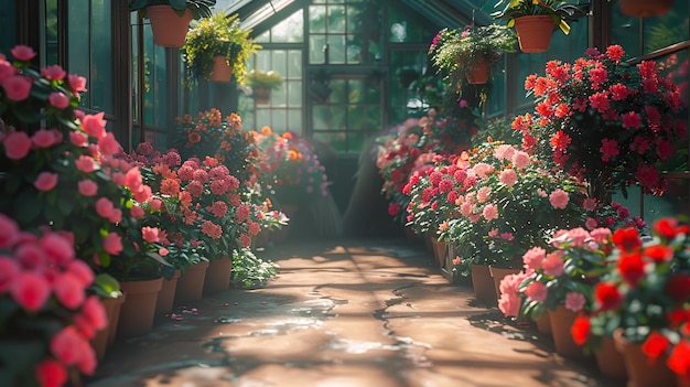 a room with a bunch of flowers on the floor and a window with the sun shining through