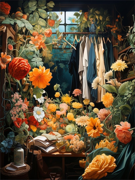 A room with a bunch of flowers and a shirt on the shelf