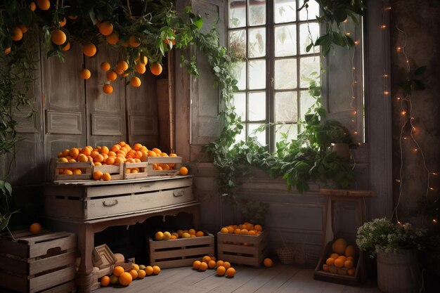 A room with a bunch of oranges in it