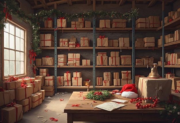 Photo a room with a bunch of presents and a christmas tree on the shelf