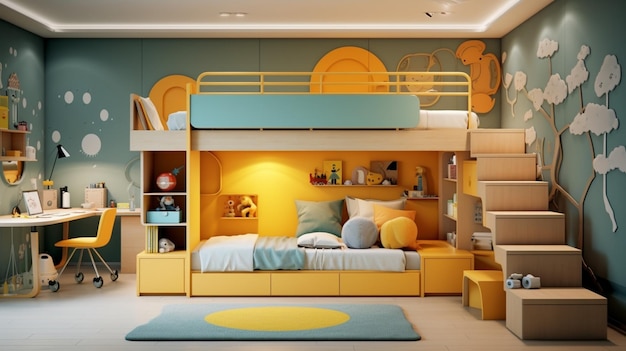 a room with a bunk bed and a bunk bed with a yellow bed with a blue rug on the floor