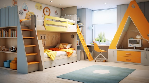 a room with a bunk bed and ladders that say quot b quot