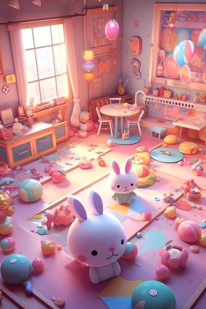 A room with a bunny on the floor and a table with eggs on it.