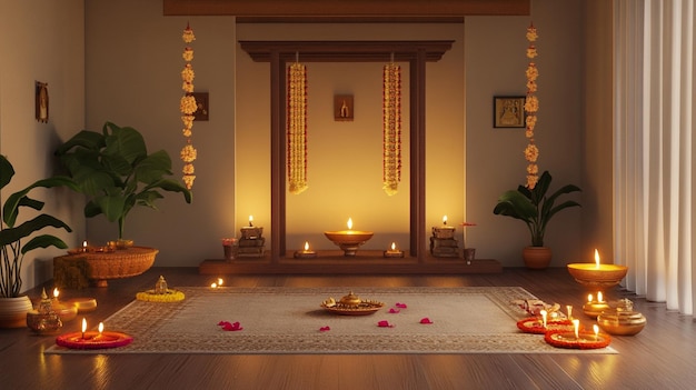 a room with a candle and flowers on the floor