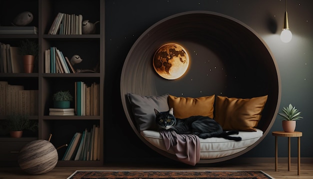 A room with a cat on a couch and a bookcase with a moon on the wall behind it