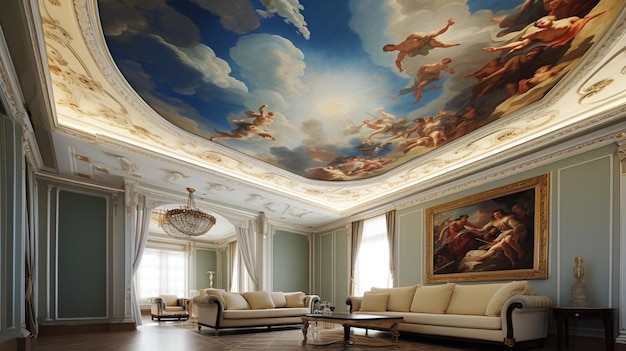 a room with a ceiling that has a painting on it