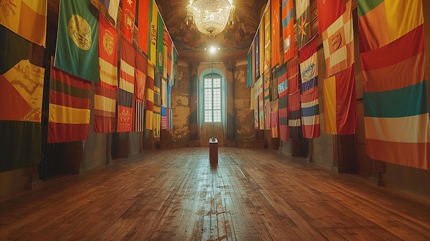 a room with a ceiling with flags and a window with the word crest on it