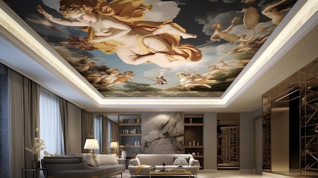 a room with a ceiling with a painting of a woman and a horse