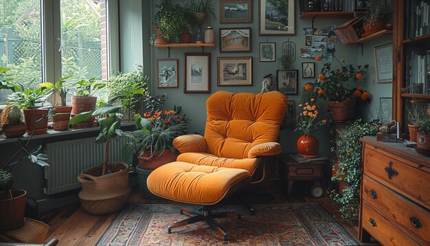 a room with a chair and a book shelf with plants and pictures on it