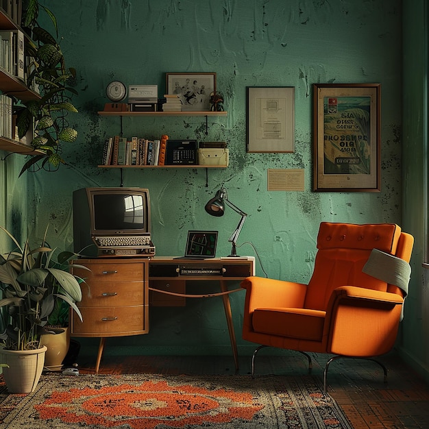 a room with a chair and a desk with a plant on it