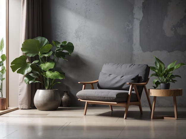 a room with a chair and a plant in it