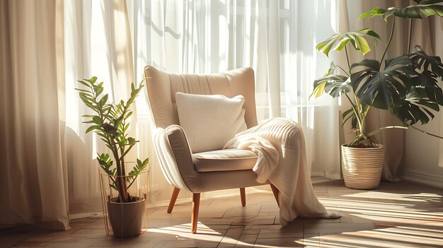 a room with a chair and plants in the window