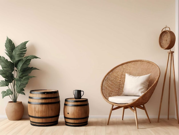 A Room With A Chair Potted Plant And Two Wooden Barrels