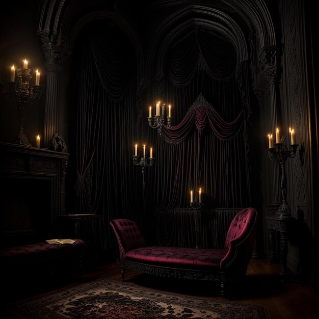 Photo a room with a chair and a table with candles lit up