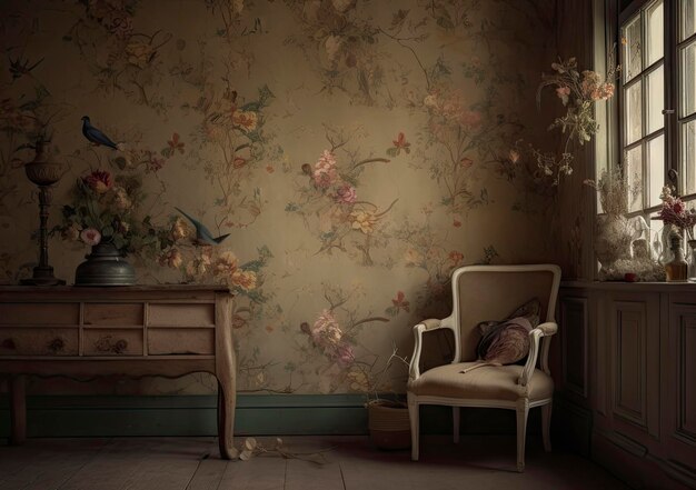 A room with a chair and a vase with birds on it