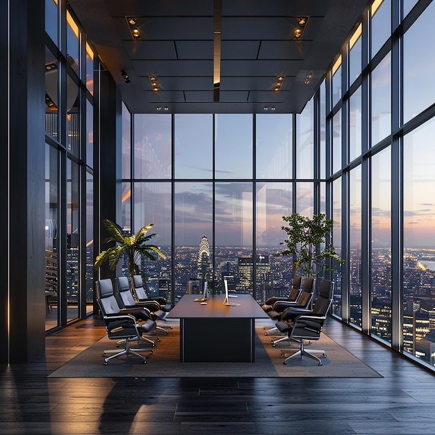 a room with chairs and a view of a city skyline