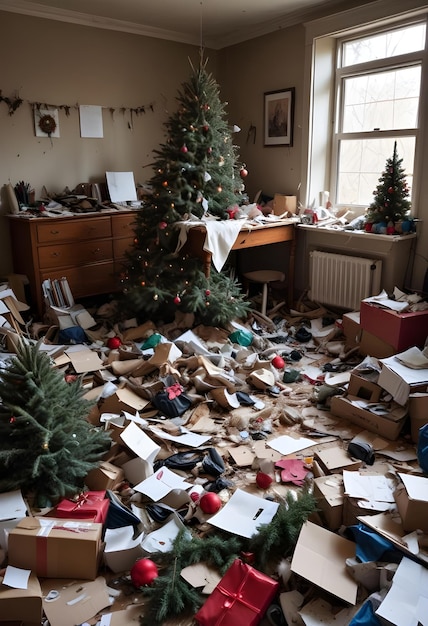 a room with a christmas tree and a box of christmas presents on the floor