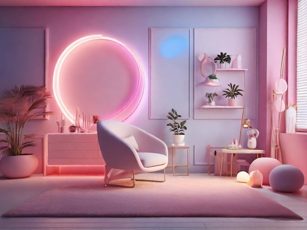 Photo a room with a circle of neon lights and a pink circle