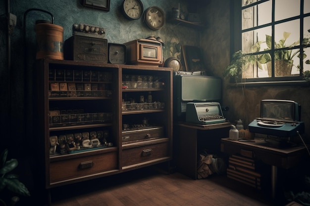 A room with a clock and a shelf with a clock on it