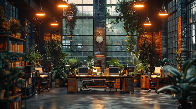 a room with a clock on the wall and plants