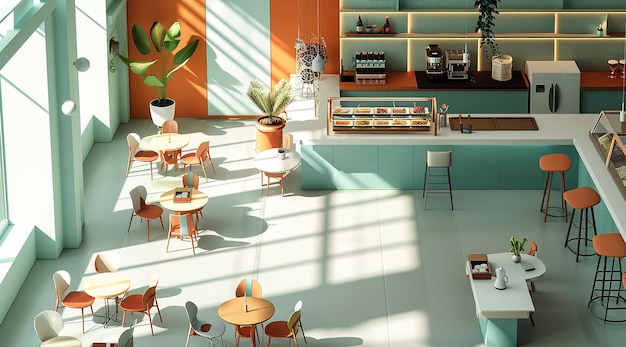 a room with a coffee shop and a table with chairs and a potted plant