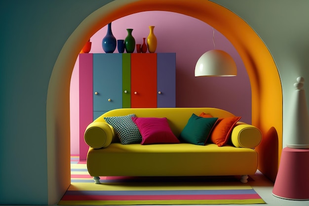 A room with color and arches furniture arrangements in a room showing the interior in vivid hues