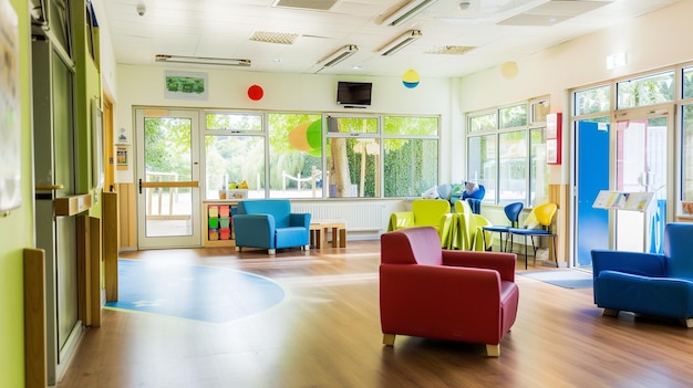 a room with a colorful balloons and a tv on the wall