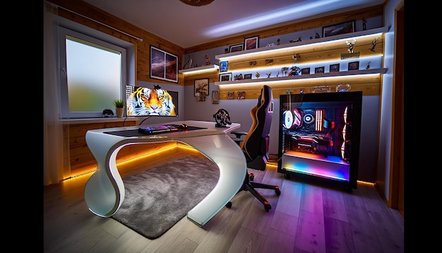 a room with a colorful guitarcomputer and a large screenrender 3D