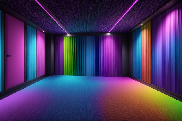 A room with a colorful light on the wall