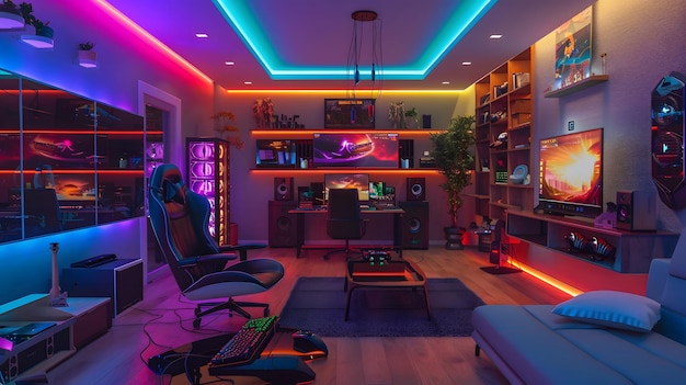 a room with a colorful neon lights and a man sitting in a chair