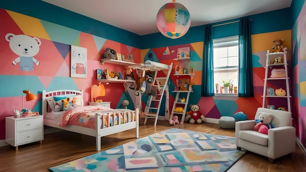 a room with a colorful play area and a bed with a large rug and a large pink and blue ball