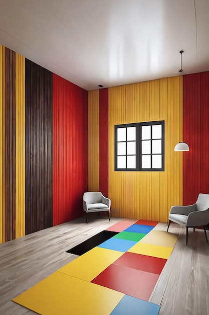 a room with a colorful rug and a yellow wall with a window