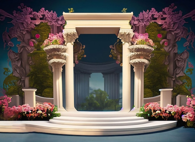 A room with columns and flowers on the floors