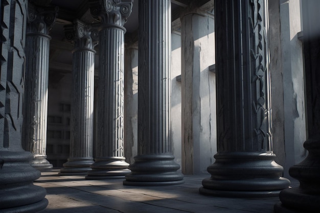 A room with columns and a light on the ceiling