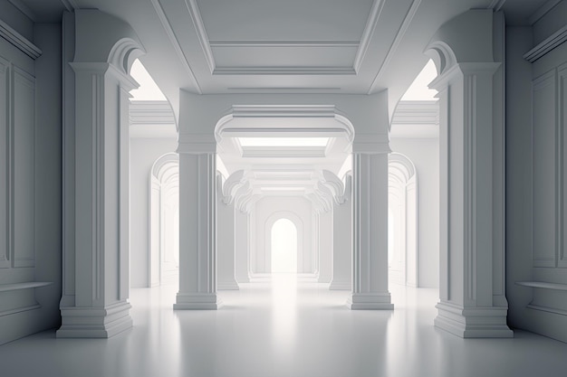 A room with columns and a light at the end of the room