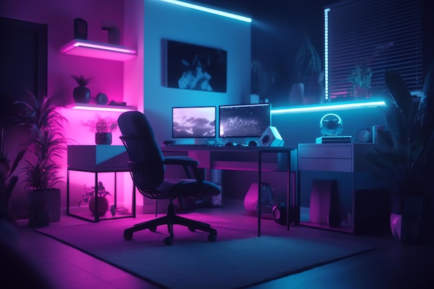 A room with a computer desk and a blue and pink lighting.